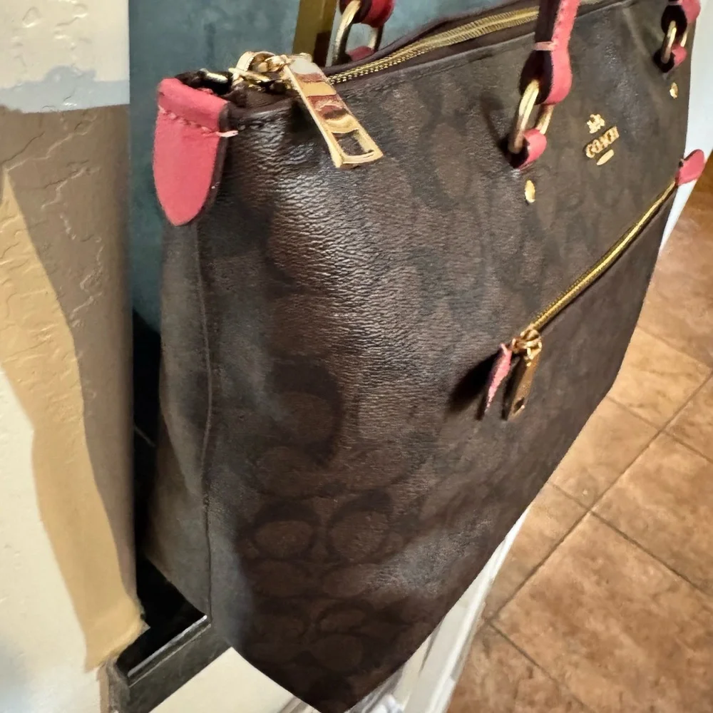 Coach Signature Brown Tote with Pink Trim